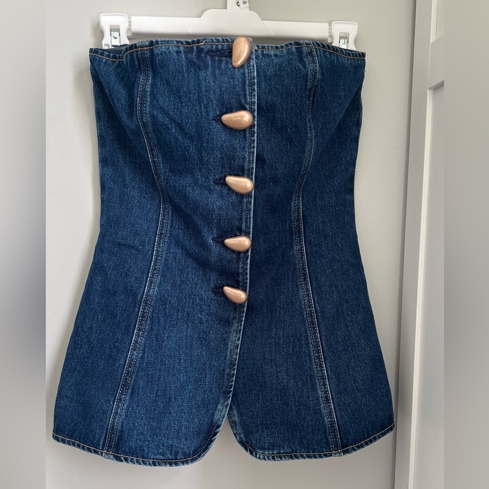 MESHKI Strapless Long Line Button Top - Dark Blue